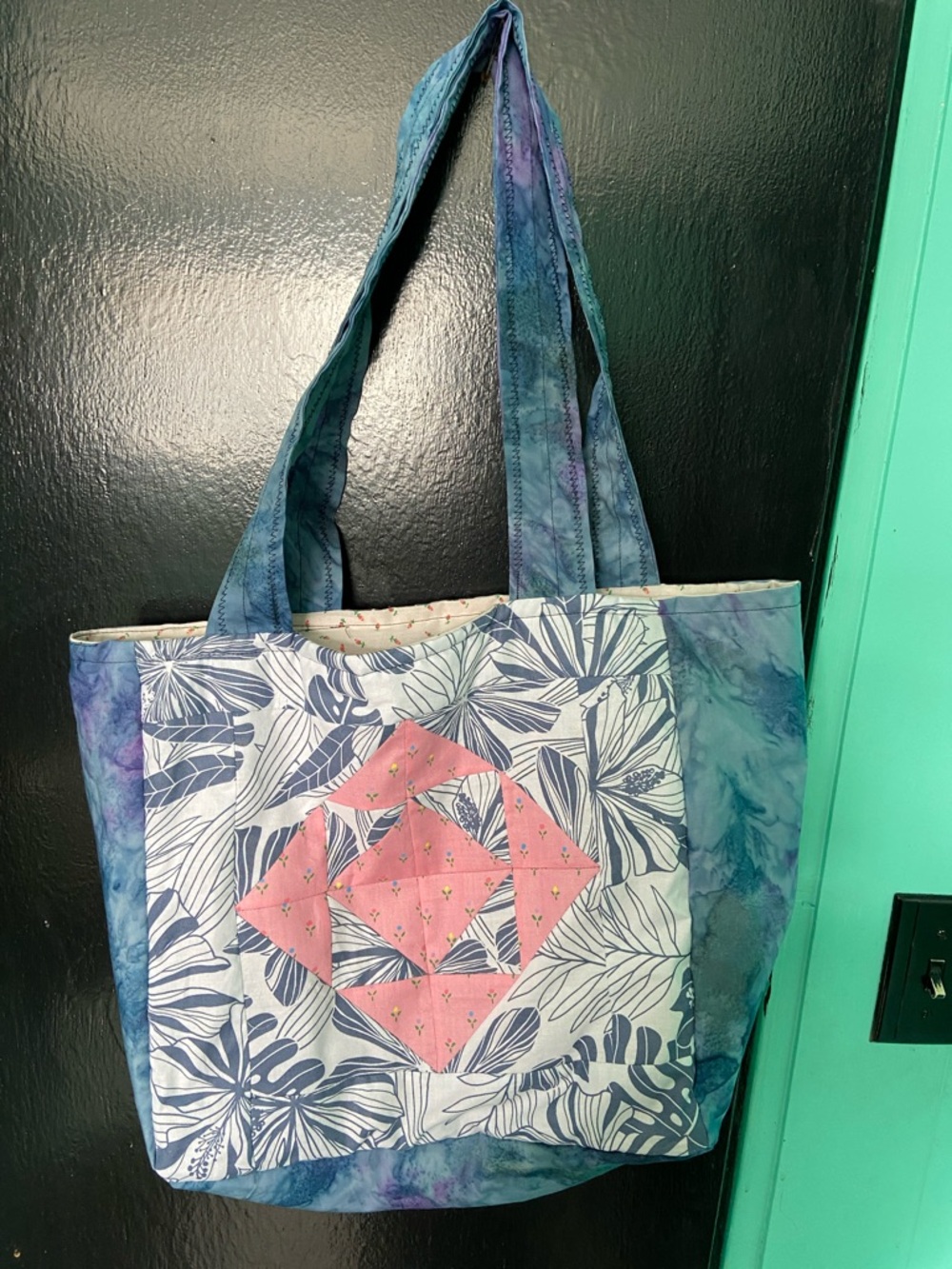 Handmade Blue & Pink Quilted Tote Bag - Women's Shoulder Bag